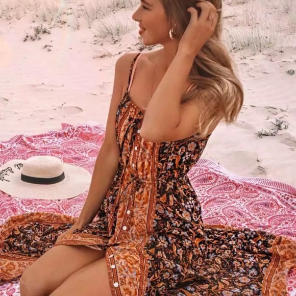 Rust Bohemian Button Front Floral Tank Dress - Picture 2 of 3